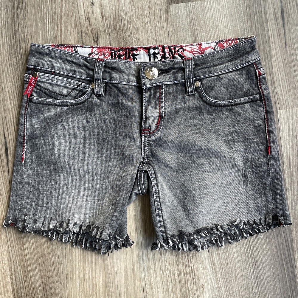 Y2K Pepe Jeans London Women Black Denim Shorts Frayed Hem Red Stitching Size 24 - Picture 1 of 9